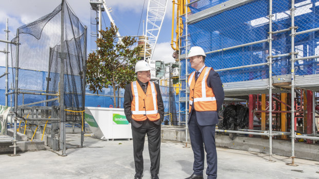 60 Martin Place, Sydney topping ceremony with Investa's Michael Cook (left) and Mark Tait . 