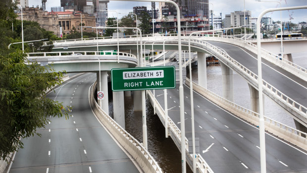 No cars visible on the Riverside Expressway in Brisbane’s CBD during Brisbane three-day lockdown.