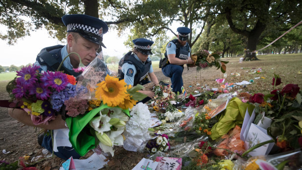 Police at the memorial to the victims of the Al Noor Mosque shooting.