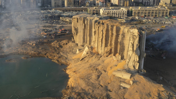 Destroyed grain silos amid the rubble and debris left by a massive explosion in the seaport of Beirut.