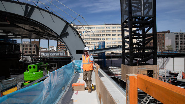 NSW Minister for Transport, Andrew Constance inspects Central Station's new roof. 