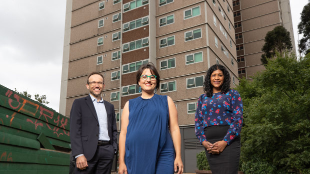 Federal Greens leader Adam Bandt, with Yarra Council Greens councillor Gabrielle di Vietri and Victorian Greens leader Samantha Ratnam.