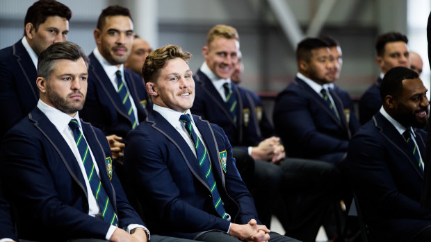 Look who's missing: The Wallabies pose at the announcement of the World Cup squad.