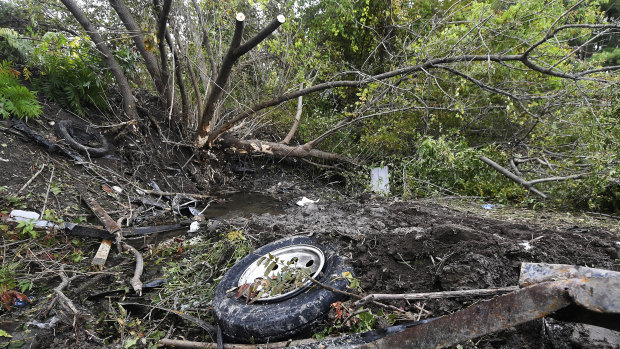 Debris from the accident is visible at the scene of the accident in Schoharie, NY.