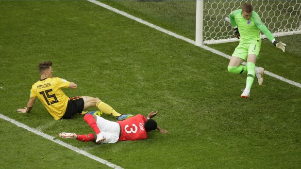 Belgium\'s Thomas Meunier scores the opening goal.