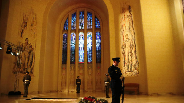 The catafalque party mounted at the Tomb of the Unknown Australian Solider during the Anzac Day commemorative service at the Australian War Memorial in Canberra.