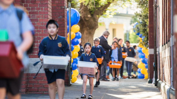 Students at St Brendan’s Primary School in Flemington returning to school in October after the COVID-19 shutdown.