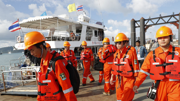 A Chinese rescue team arrive at Chalong pier in Phuket.