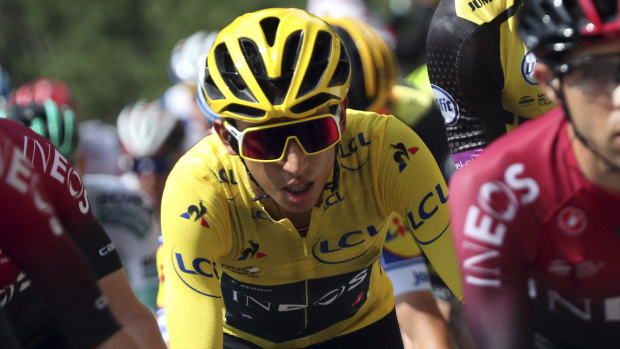 Colombia's Egan Bernal wearing the overall leader's yellow jersey.