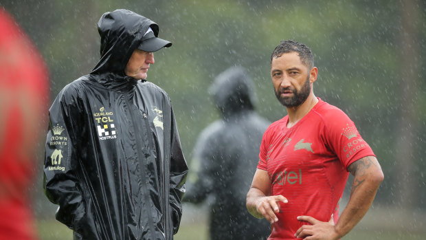 Wayne Bennett with former Tigers player Benji Marshall during South Sydney training earlier in the year. Bennett is renowned for his close relationship with his players.