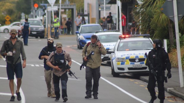 Armed police on Langdons Road, Papanui following the shootings.
