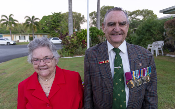 VC recipient Keith Payne with his wife Flo at dawn on Anzac Day in Mackay, QLD, this year.