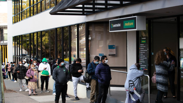 The queue for Centrelink stretches down the street during Sydney’s lockdown.