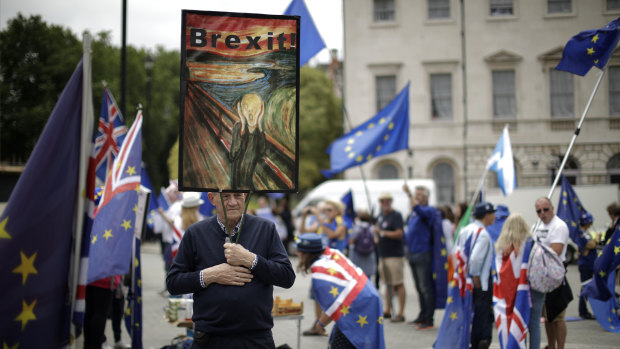 An anti-Brexit, pro-EU supporter holds a placard during a protest across the street from the Houses of Parliament in London. 