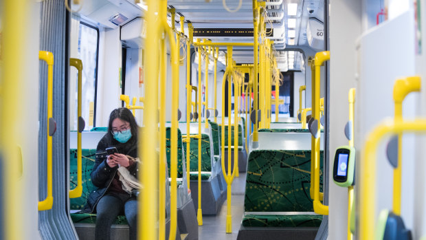 A lone passenger on a Melbourne tram.