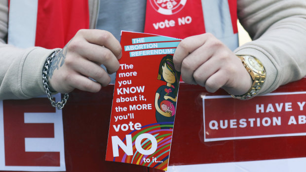 A pro-life supporter canvasses for a No vote on the streets of Dublin, Ireland. 