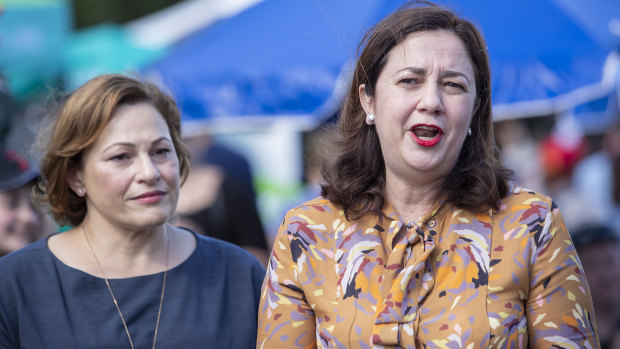 Queensland Premier Annastacia Palaszczuk (right) and Queensland Deputy Premier Jackie Trad address the media on Sunday after federal election.
