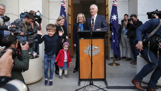 Outgoing prime minister Malcolm Turnbull with his family on Friday.