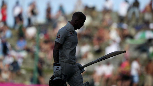 England's Ben Stokes leaves the field after being dismissed by the West Indies.