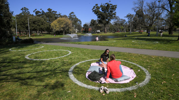 'Physical-distancing circles' in Princes Park, Carlton, on Friday.