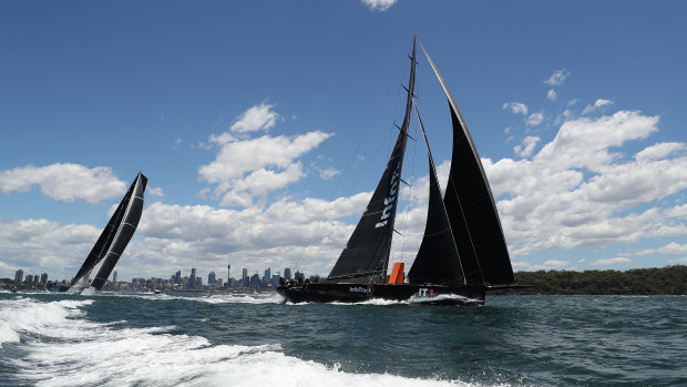 InfoTrack took out the Big Boat Challenge on Tuesday morning by 54 seconds with the two supermaxis flying around the harbour at speeds of around 40km an hour. 