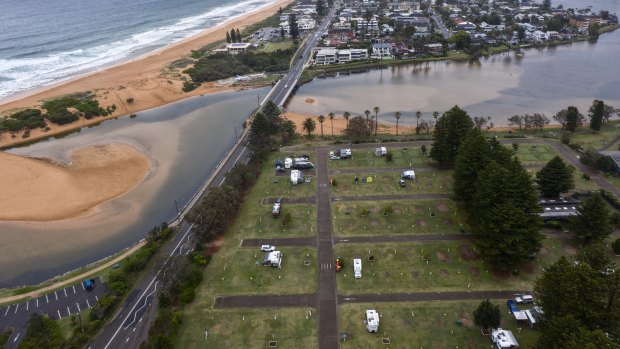 Narrabeen Caravan Park seen mostly empty of travellers late on Saturday as the area moved into lockdown. 