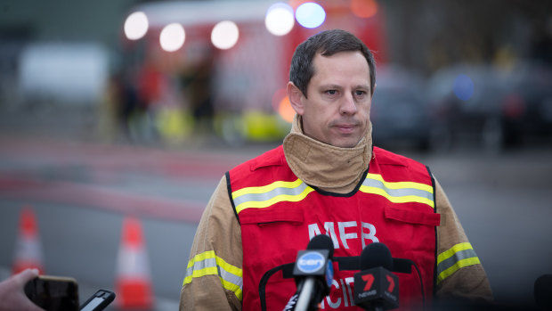 Incident controller Trent Curtin at the scene of the factory blaze on Friday morning. 