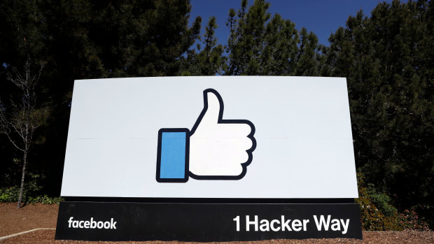 The Facebook logo at the company’s headquarters in Menlo Park, California.