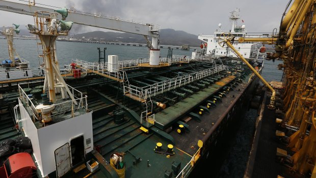 Iranian oil tanker Fortune is anchored at the dock of the El Palito refinery near Puerto Cabello, Venezuela.