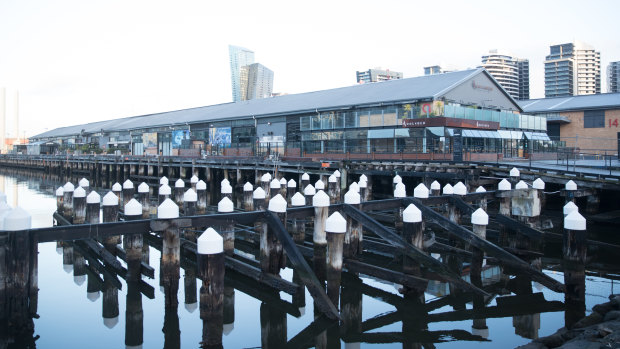The closed Docklands pier this morning.