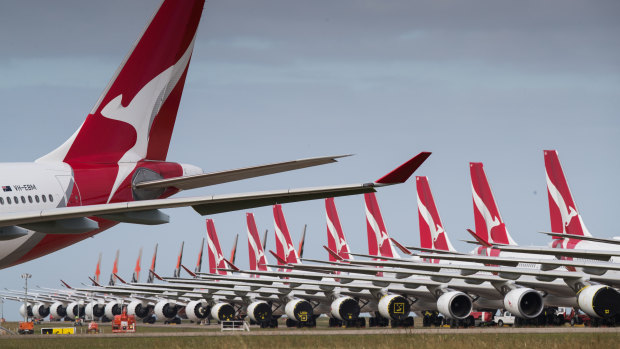 Qantas planes grounded at Melbourne’s Avalon Airport in April. 