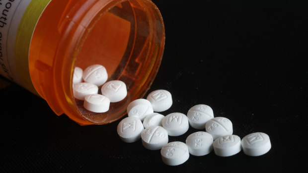 Oxycodone pills are displayed in New York. 