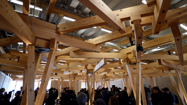 A interior view of the Athletes' Village Plaza in Tokyo, Japan. 