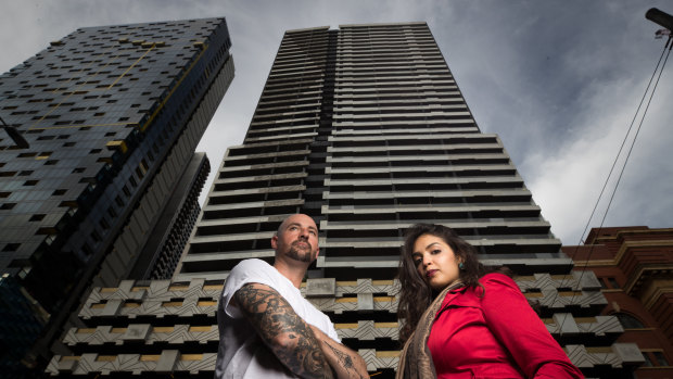 Neo200 tenants Dion Aleksovski and Nisha Mehrotra outside the fire-affected tower.