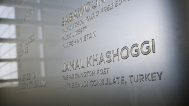 The name of Washington Post columnist Jamal Khashoggi, who was killed inside the Saudi Consulate in Istanbul, is etched in the Newseum's Journalists Memorial in Washington. It represents all journalists who lost their lives around the world in 2018. 