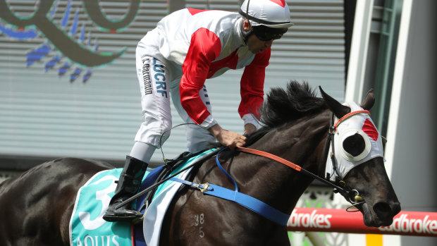 Mystic Journey, with Anthony Darmanin aboard, wins the Aquis Farm Fillies Classic at Moonee Valley in 2018.