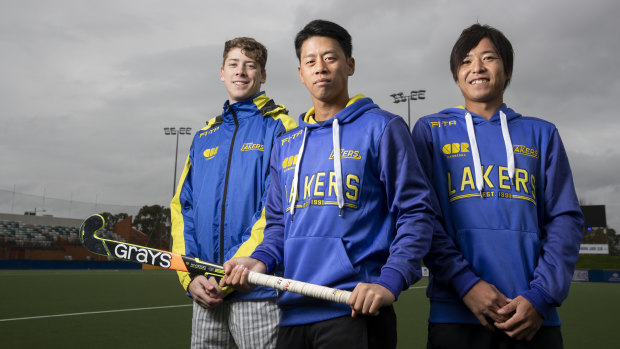 Canberra Lakers debutant Jamie Hawke with Japanese imports Manabu Yamashita and Kazuma Murata. 