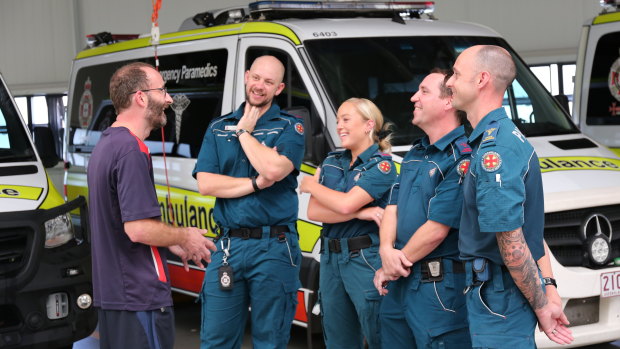 Urs Birrer meeting the paramedics who saved him after he suffered a critical head injury when he came off his mountain bike on a dirt track in Daisy Hill.