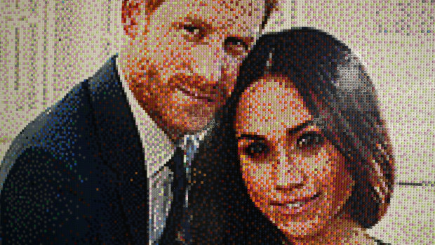 An image made from Lego depicting Prince Harry and Meghan, the Duchess of Sussex, by the train station in Windsor, England.