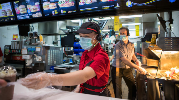 Staff at McDonald's in Boronia wearing masks.