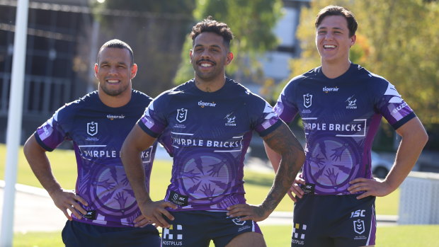 Storm players Will Chambers (left), Josh Addo-Carr and Scott Drinkwater in the club's Indigenous round jersey. 