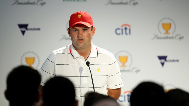 Patrick Reed addresses media after a practice round at Royal Melbourne on Tuesday morning.