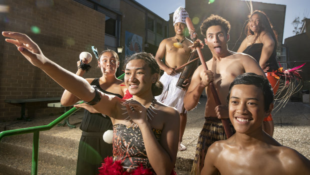 Members of Polynesian dance group Island Pride rehearse for Polyfest at Karabar High School. L-R: Zali Andrews (Maori), Edally Eteuati (Samoan), Tearoa Tai'-Maine (Cook Islands), Elijah Emanuel (Maori), Scott Dolvin (Samoan), and Phillinah Utia (Cook Islands). 