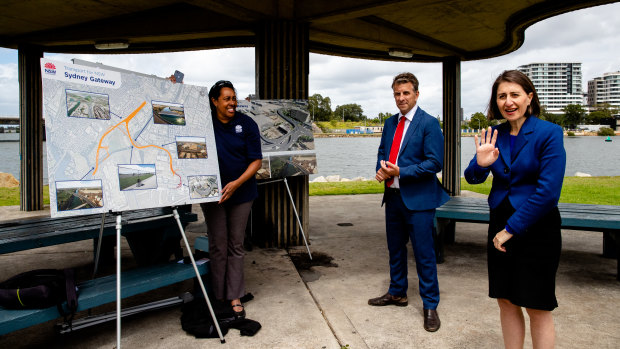 NSW Premier Gladys Berejiklian and Transport Minister Andrew Constance confirm the updated timeline for the Sydney Gateway on Monday.