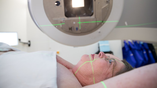 Lyn Corby receiving hypofractionated radiotherapy for breast cancer at Westmead Hospital.