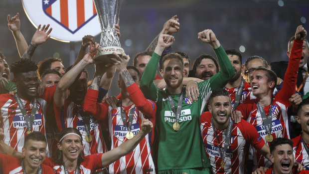 Atletico celebrate their Europa League final victory.