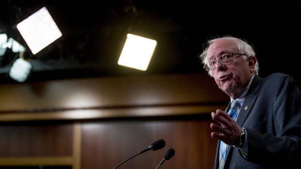 Senator Bernie Sanders speaks at a news conference on Capitol Hill in Washington.