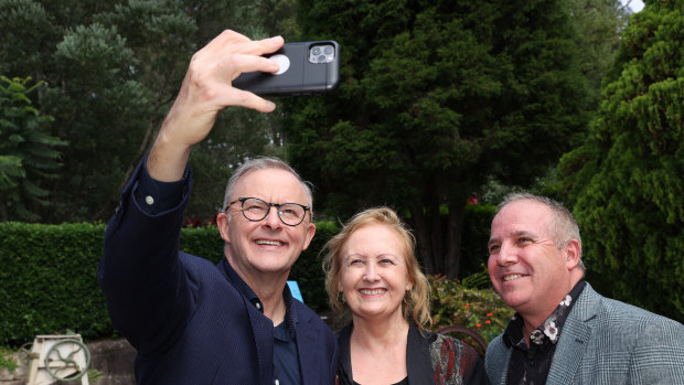 Labor leader Anthony Albanese in Wyong takes a selfie for Coast Community Connections President Sharon Brownlee and CEO Bruce Davis. during the Dobell campaign launch at Alison Homestead. Coast Community Connections provides Aged Care and Childcare in the area with more than 100 employees.