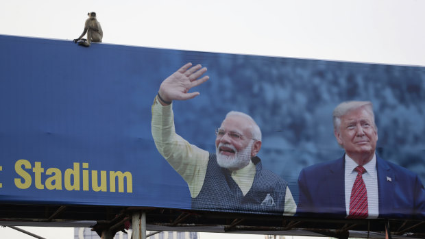 A monkey sits on a sign welcoming US President Donald Trump ahead of his visit to Ahmedabad, India. 