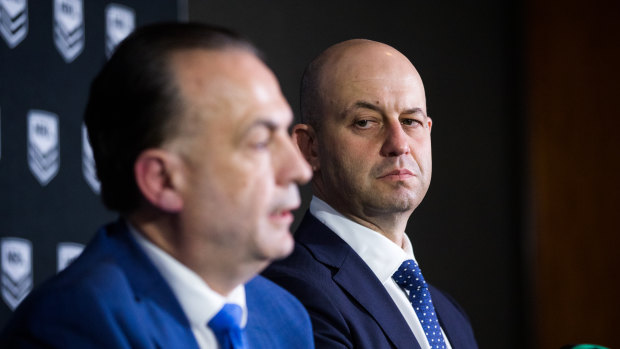 Todd Greenberg (right) and Peter V'landys aren't seeing eye to eye at the moment as discussion around the future leadership of the game heats up.